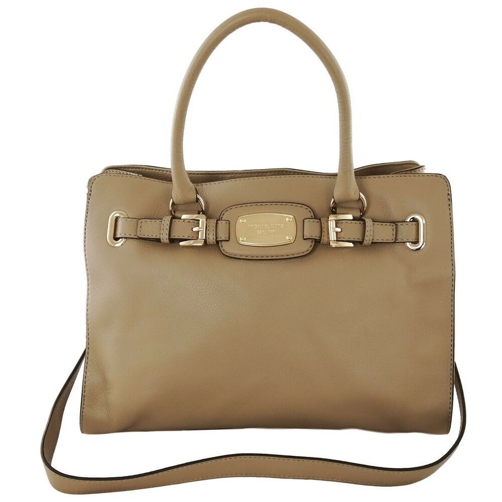 Michael Kors Hamilton Handbag Dark Khaki Beige Brown Top Handle Medium Satchel